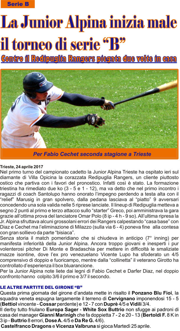 PRIMA GIORNATA CAMPIONATO 2017 SERIE B