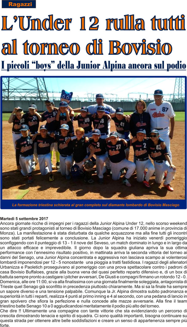 UNDER 12 AL TORNEO DI BOVISIO MASCIAGO dal sito https://baseballsoftballtriestino.jimdo.com/baseball-2017/