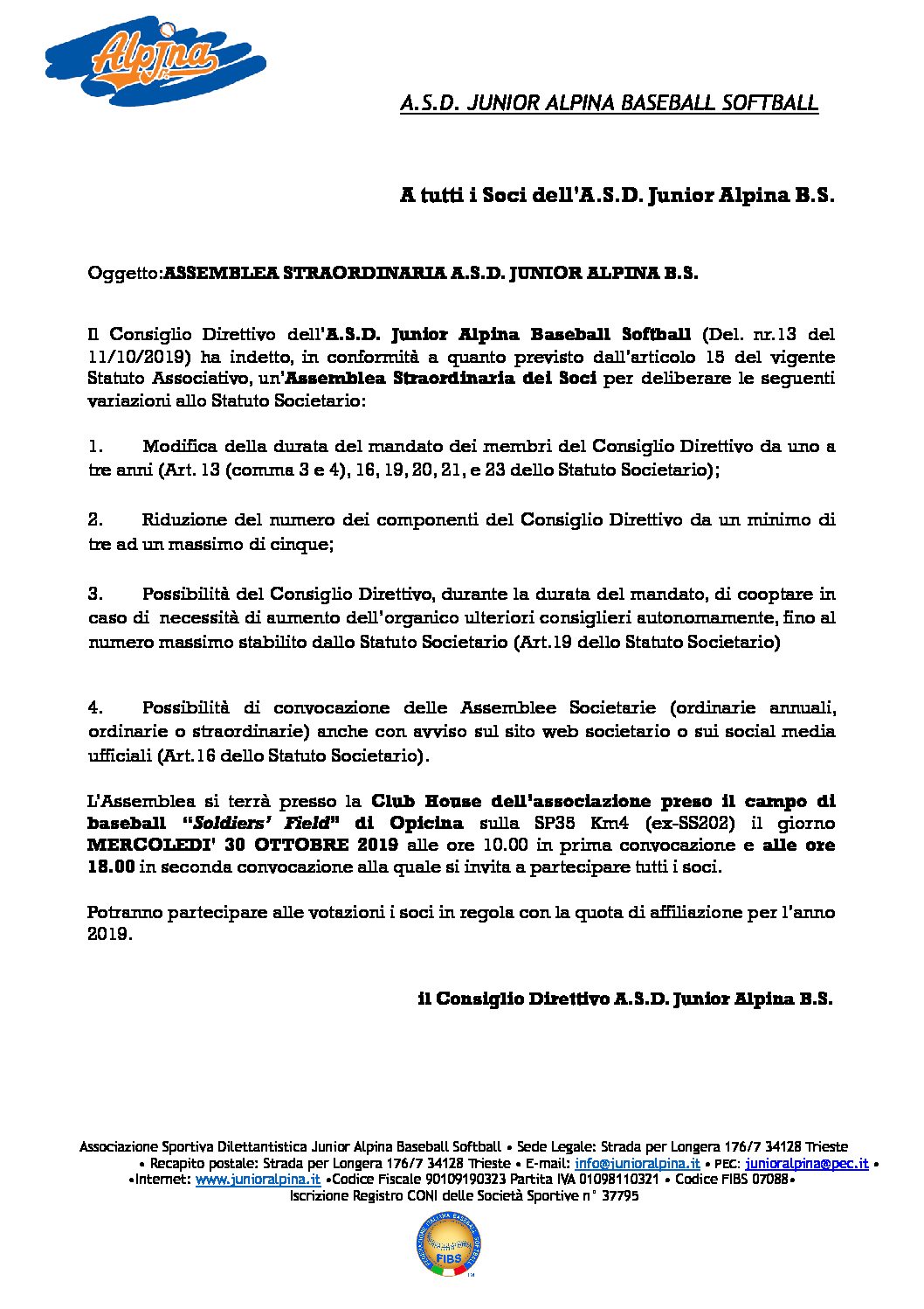 CONVOCAZIONE ASSEMBLEA STRAORDINARIA SOCI JUNIOR ALPINA