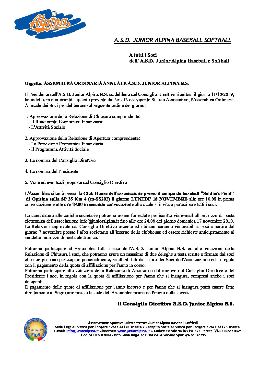 LUNEDI’ 18 NOVEMBRE ASSEMBLEA ANNUALE DEI SOCI A.S.D. JUNIOR ALPINA