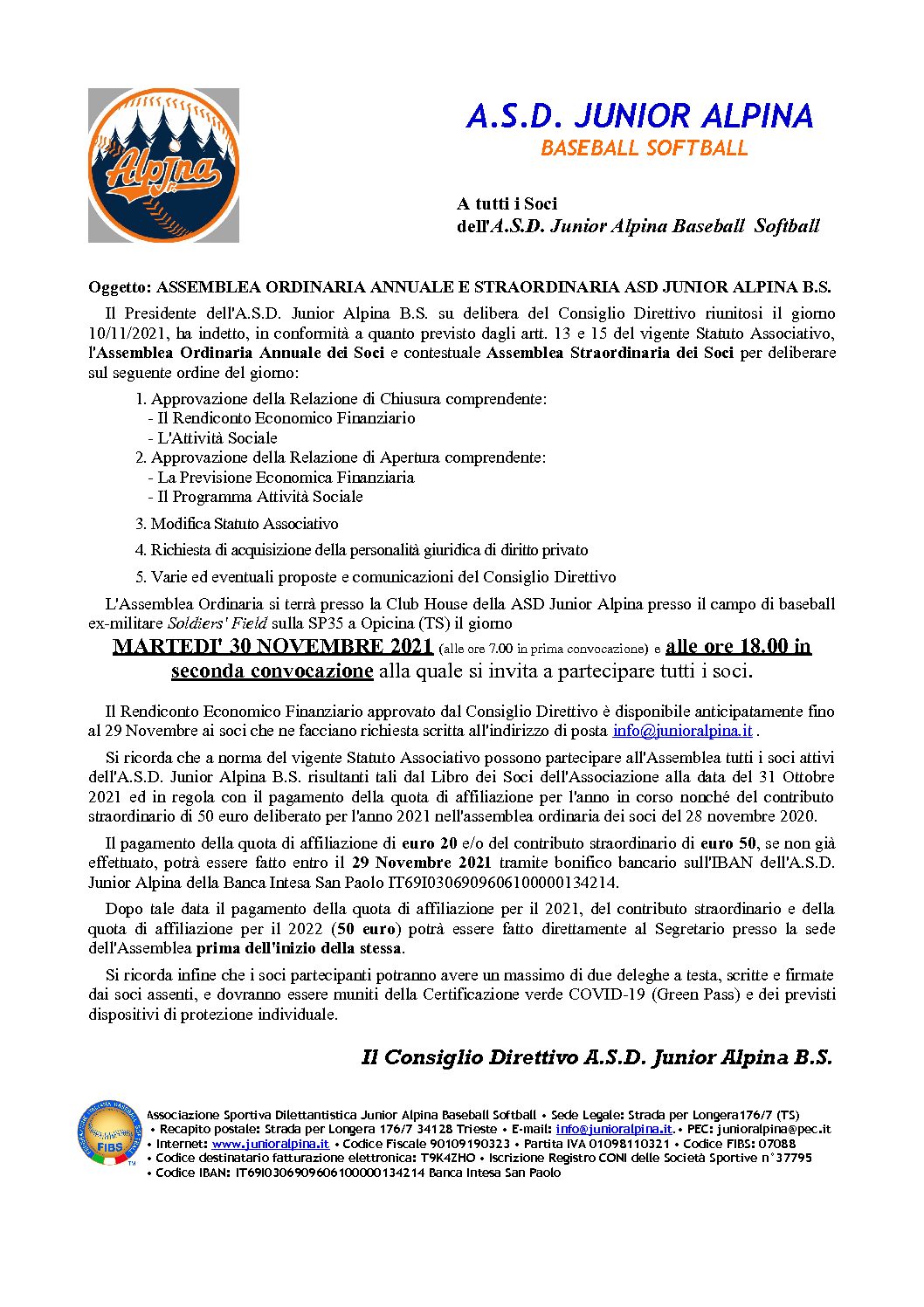 ASSEMBLEA ORDINARIA ANNUALE E STRAORDINARIA ASD JUNIOR ALPINA